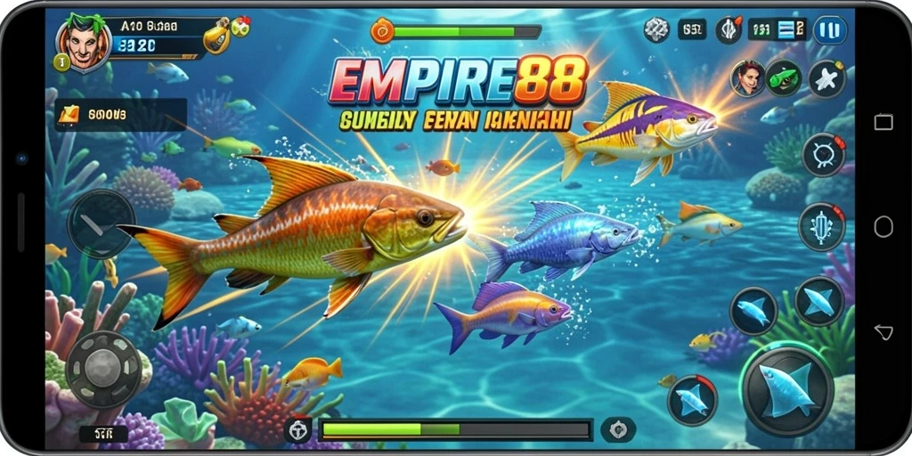 Gameplay seru EMPIRE88 saat menembak ikan berwarna-warni.