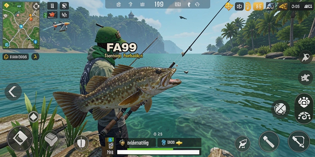 Screenshot gameplay FA99 yang menampilkan aksi seru memancing.