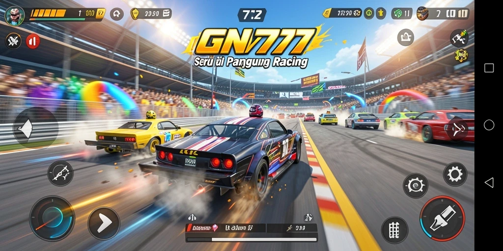 Screenshot gameplay GN777 menggambarkan balapan yang mendebarkan dan mobil yang cepat.