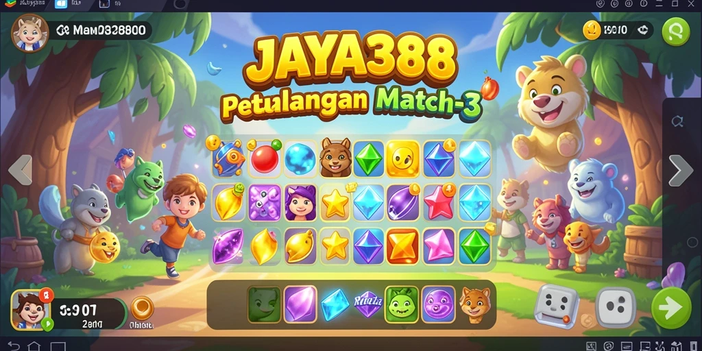 Screenshot utama JAYA388 menampilkan gameplay Match-3 yang seru dan penuh warna.