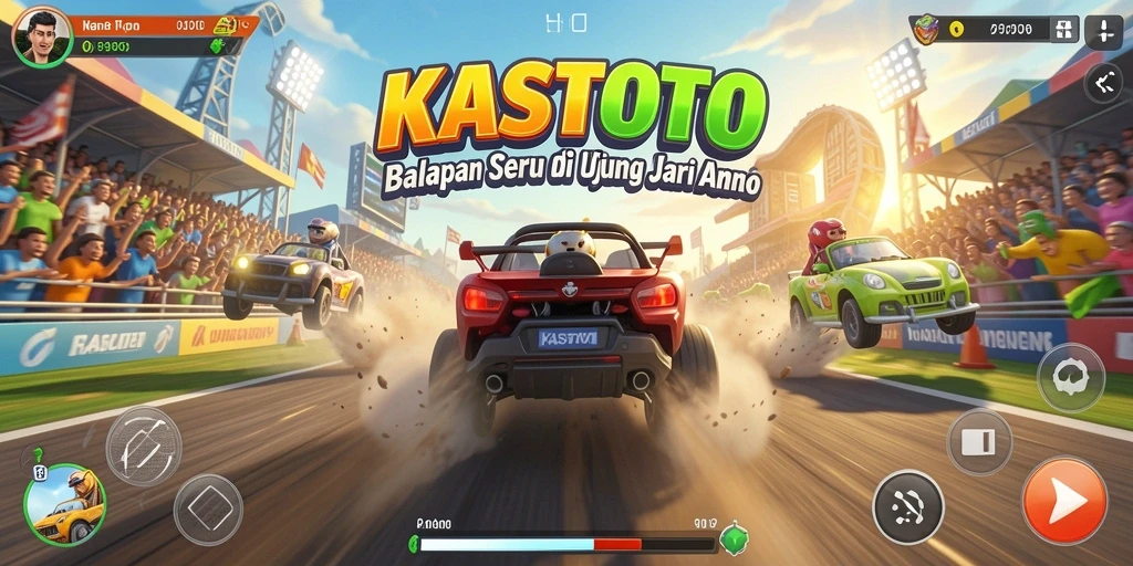 Screenshot utama KASTOTO menampilkan balapan seru dengan grafis tinggi.