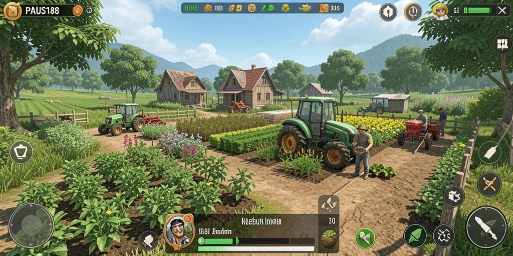 Tangkapan layar gameplay PAUS188 menampilkan kebun hijau yang rimbun dan hewan ternak yang sehat.