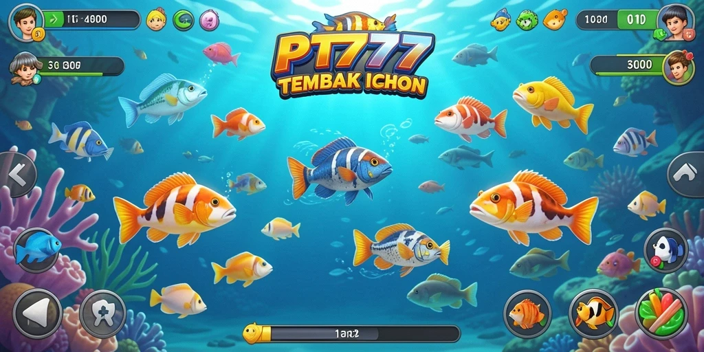 Tampilan ikonik permainan Tembak Ikan PT777 yang penuh warna.